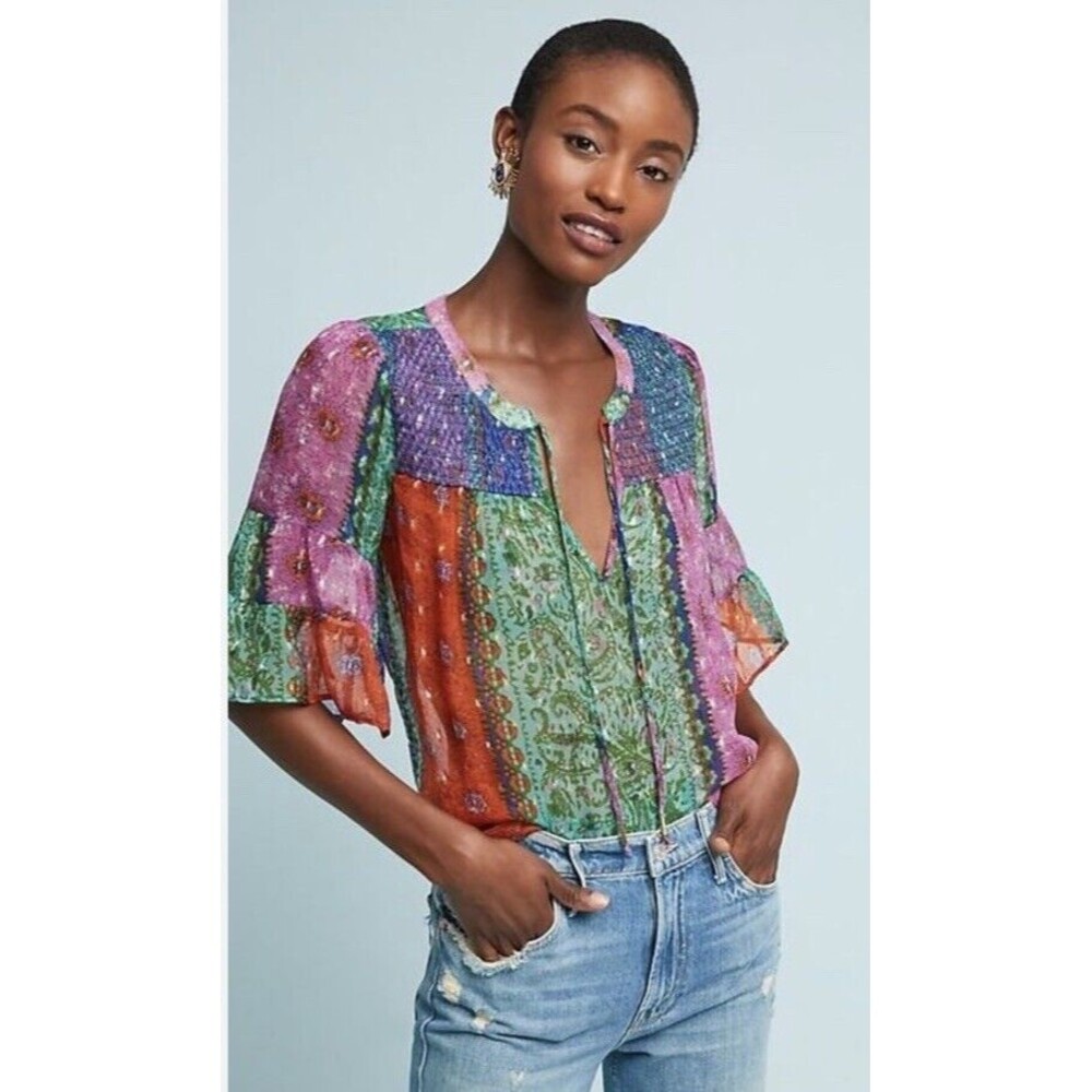 Anthropologie Akemi + Kin Blouse Women M Antonella Smocked Peasant Boho Top